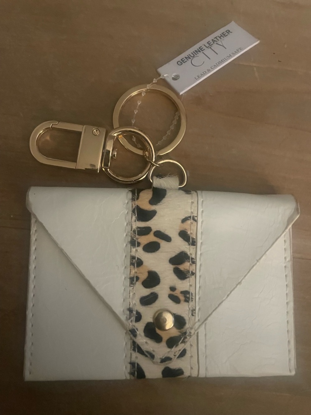 White Leather Key & Card Holder with Leopard Accent and Gold Hardware